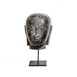 Buddha hoofd steen op statief zwart bruin